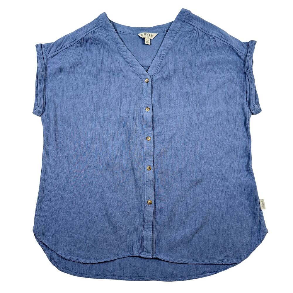 Orvis Short Sleeve Button Front Blouse Womens Large Blue Crinkle Rayon